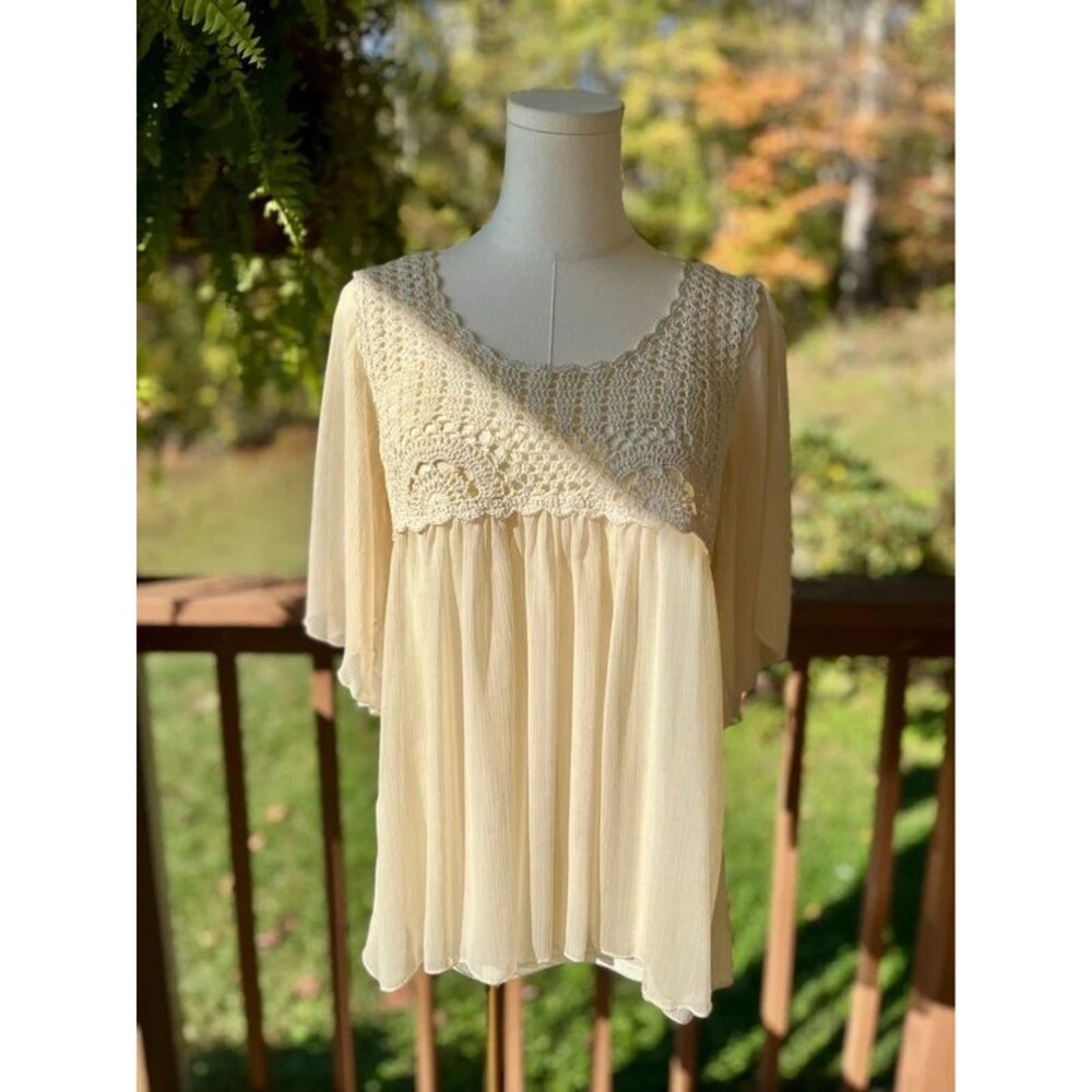 NWOT Adiva Ivory Crochet Lace Babydoll Blouse Flutter Sleeve Boho Size M